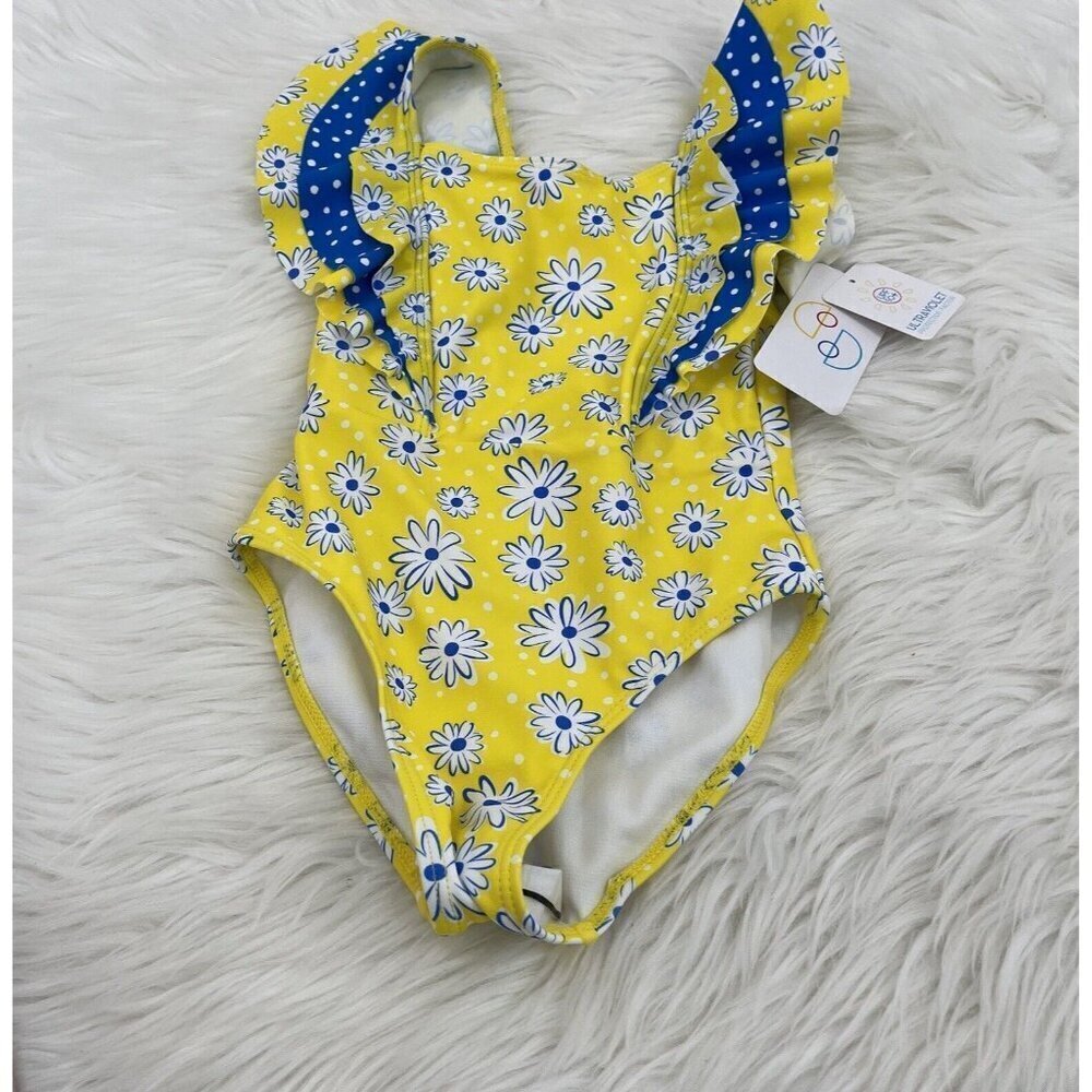 NEW Flapdoodles Girls Size 5 Floral Ruffle One Piece Swimsuit Yellow